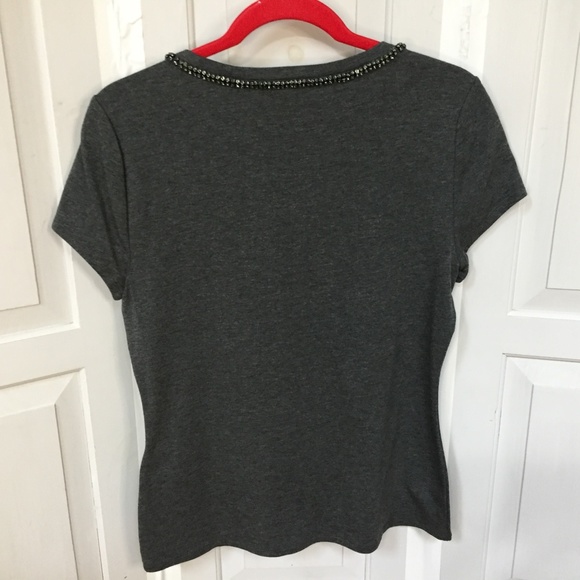 White House Black Market Gray Top w/ Rhinestone Bow Neckline NWT - Picture 10 of 13